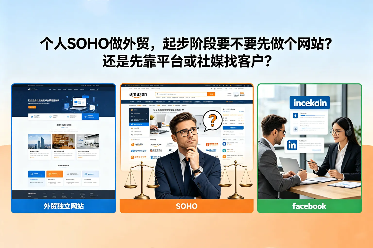 个人SOHO做外贸，起步阶段要不要先做个网站？还是先靠平台或社媒找客户？